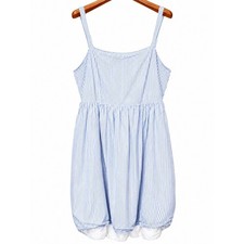 Cider Blue White Striped Bubble Hem Midi Dress Plus Size 4XL Smocked Back Cotton