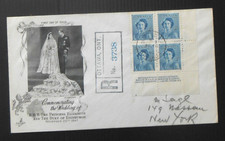 Uncommon 1947 Princess Elizabth corner blk of 4 registered FDC-NY backstamps