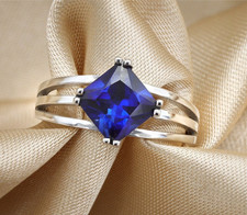 Blue Sapphire- Princess cut Solitaire 925 Silver ring- anniversary gifts for her