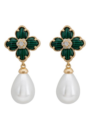 Orecchini A Goccia Di Perle Di Fiore Trifoglio Malachite Oro