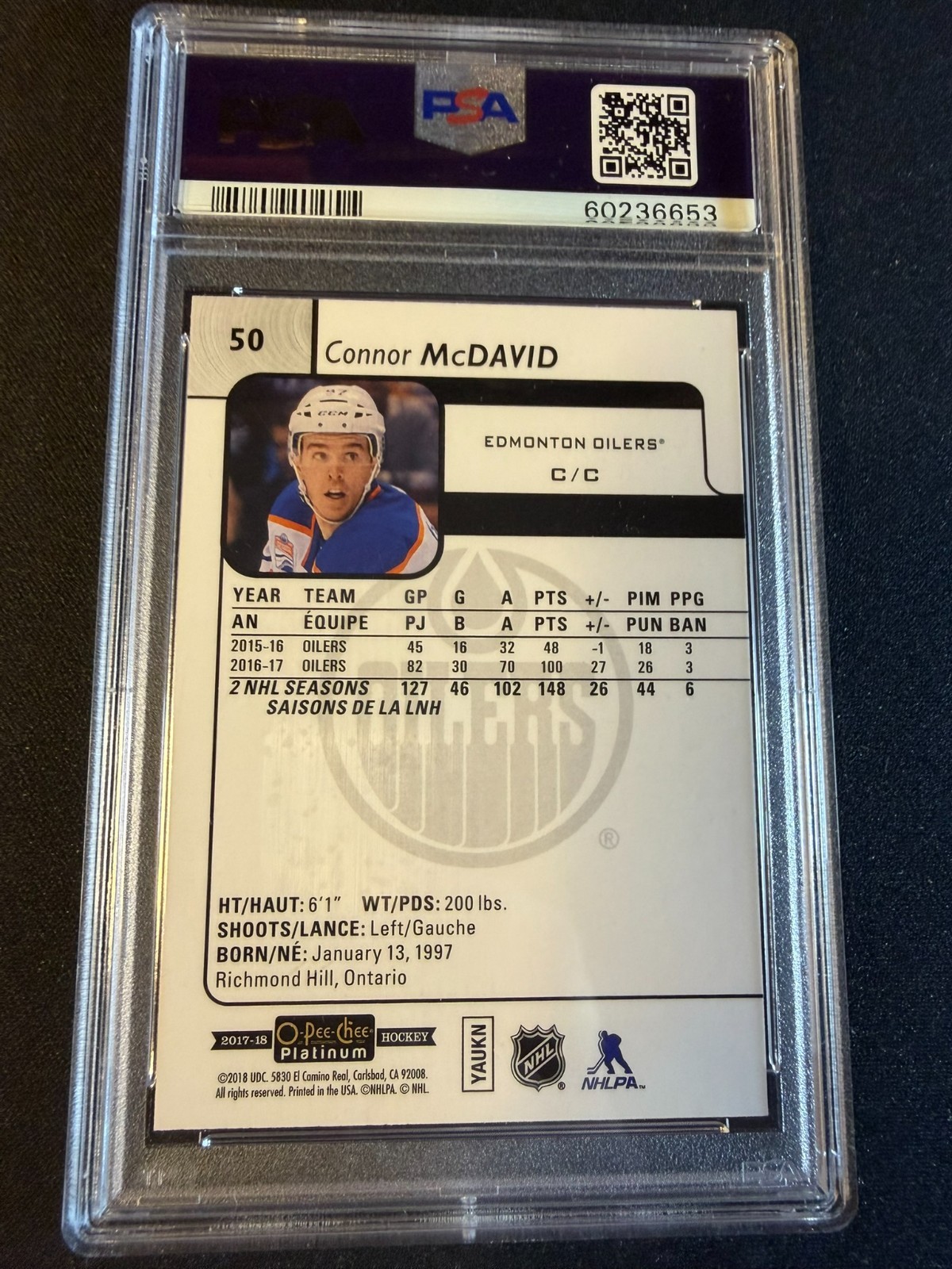 2017 OPC O-Pee-Chee Platinum Connor McDavid Base PSA 10 view 2