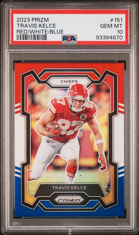 2023 PANINI PRIZM RED/WHITE/BLUE PRIZM #151 TRAVIS KELCE PSA 10