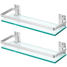 2-Pack Tempered Glass Bathroom Shelf with Rail, 15" x 4.5" Rectangular Shower...