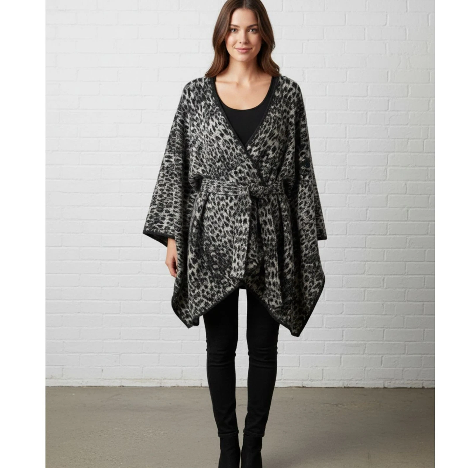 Anne Klein Leopard Wrap Cardigan One Size Black/Grey Tie Belt NWT
