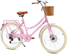 7 Speed Women's Bike 24/26 Inch Beach & City Cruiser Bicycle with Rattan Basket