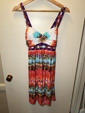 VTG Y2K 90s Halter Sun Dress Bright Ombré Tie Detail Stretchy Size Med (a10)