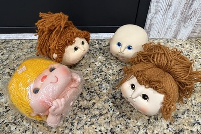 Lot of 4 Vintage Fibre Craft & Other Children Doll Heads Yarn Hair.