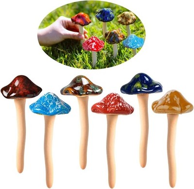 6 Pack Ceramic Mushrooms Garden Decor Outdoor Lawn Yard Ornaments Plants Stakes