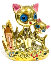 Vintage MCM Gold Tone Ceramic CAT w/ Thermometer Sculpture RETRO Artmark JAPAN