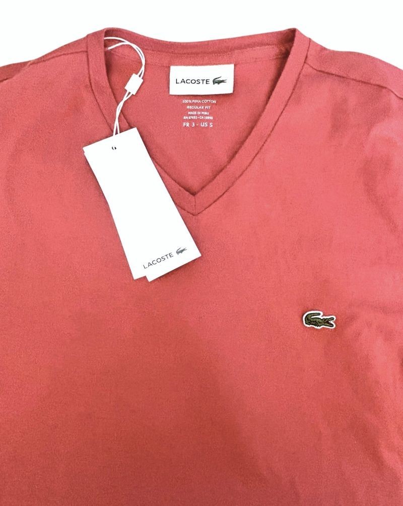 Men's Small Iconic Lacoste Pima Cotton Pink-zv9  V-Neck Short Sleeve T-Shirt NWT thumbnail 3
