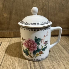 Vintage White Chinese Porcelain Lidded Cup Or Mug With A Floral And Bird Design