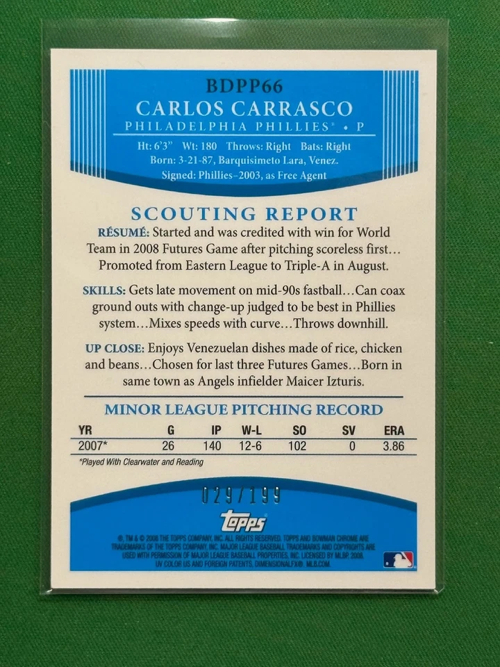 2008 Bowman Baseball Chrome Prospects X-Fractors #BDPP66 Carlos Carrasco /199 - Image 2 of 2