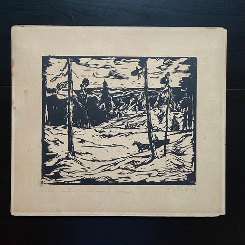 Engraving Sweden Winter Landscape Titled & Signed Wood Engraving 1940 - 1950