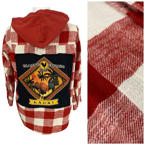 Upcycled Flannel Shirt Women XL Shacket Kauai Rooster Red Country Grunge Farm - Picture 5 of 15