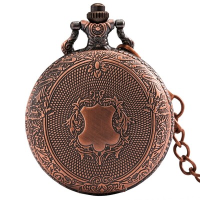 Rose Gold Shield Crown Pattern Quartz Pocket Watch Necklace Chain Steampunk Gift