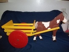 vintage Wooden Pull Toy Painted Hobby Horse Pulling Yellow Cart w/Red Wheels