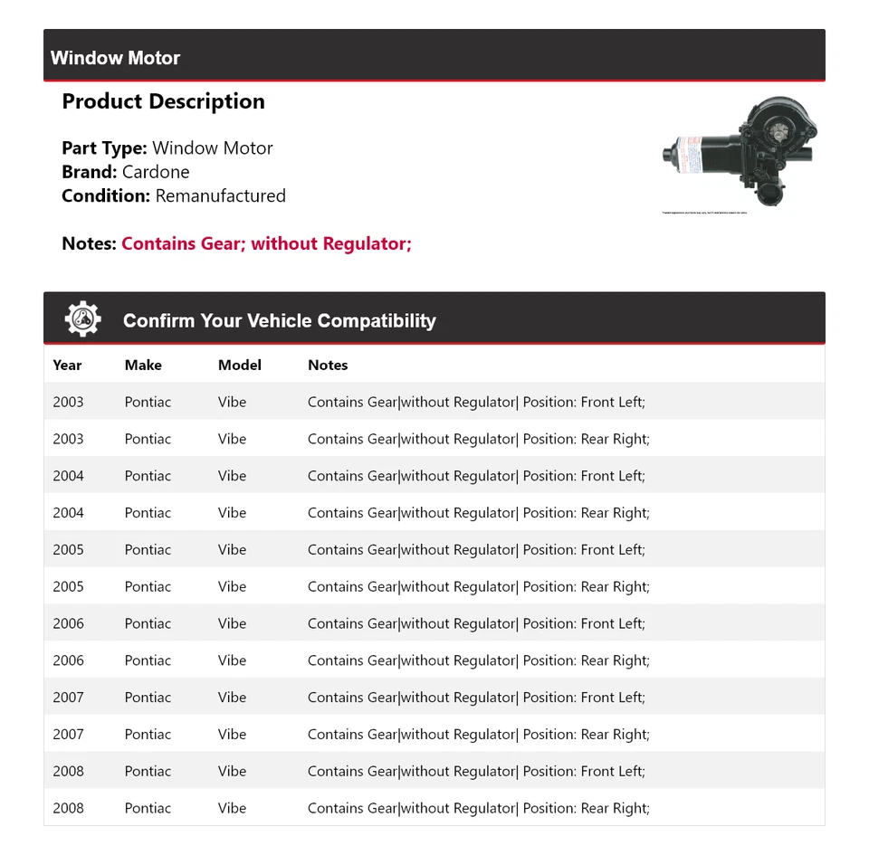 Для Pontiac Vibe 2003-2008 годов выпуска оконный мотор Cardone 2004 2005 2006 2007 годов выпуска - Изображение 2 из 4