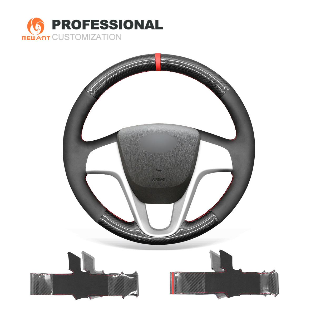 MEWANT Carbon Fiber Black Suede Car Steering Wheel Cover for Hyundai i20 Accent