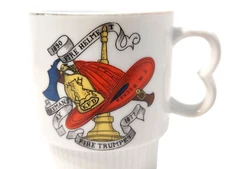 RARE Stackable Porcelain Mug 1890 Fire Helmet 1877 Trumpet Firefighter FW Becker