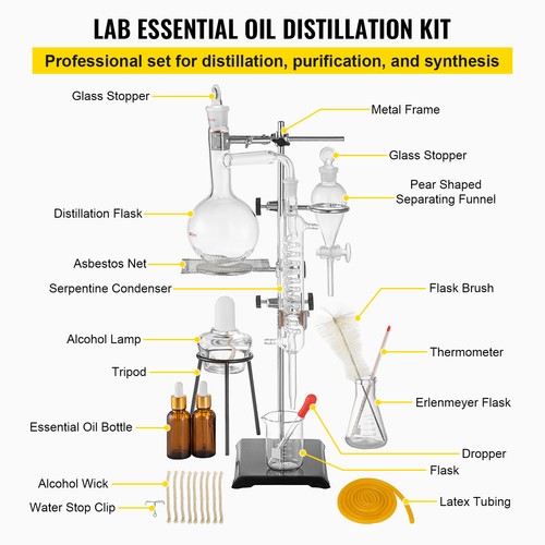 500ML Essential Oil Steam Distillation Apparatus Kit Oil Pure Water Glassware - Picture 6 of 12