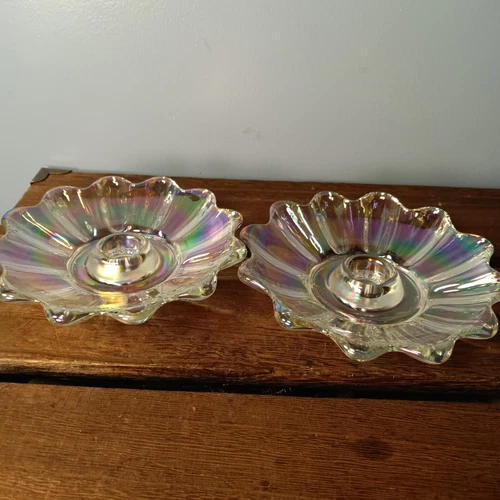 Vintage Federal Glass Iridescent Candle Holders, Set Of 2, Flower Shaped, Taper