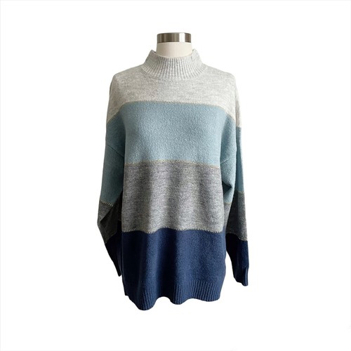 H Halston Sweater M Blue Knit Pullover Long Sleeve Mock Neck Stretch Ribbed - Picture 1 of 4