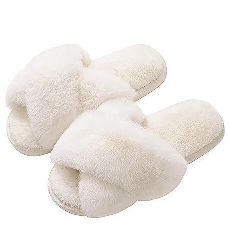 Women's Fuzzy Slippers Cross Band Memory Foam House Slippers Open