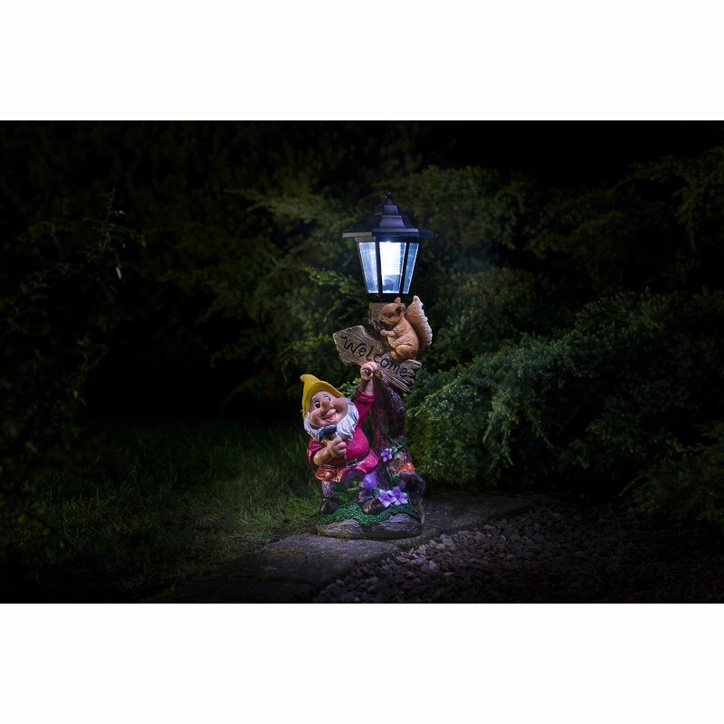 Poste de lámpara LED gnomo alimentado por energía solar jardín exterior iluminación adorno estatua amarillo Foto 4 de 4