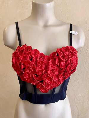 VICTORIA SECRET L VS Archives ROSETTE CORSET TOP BLACK RED ROSE CIRCA 1997 NWT