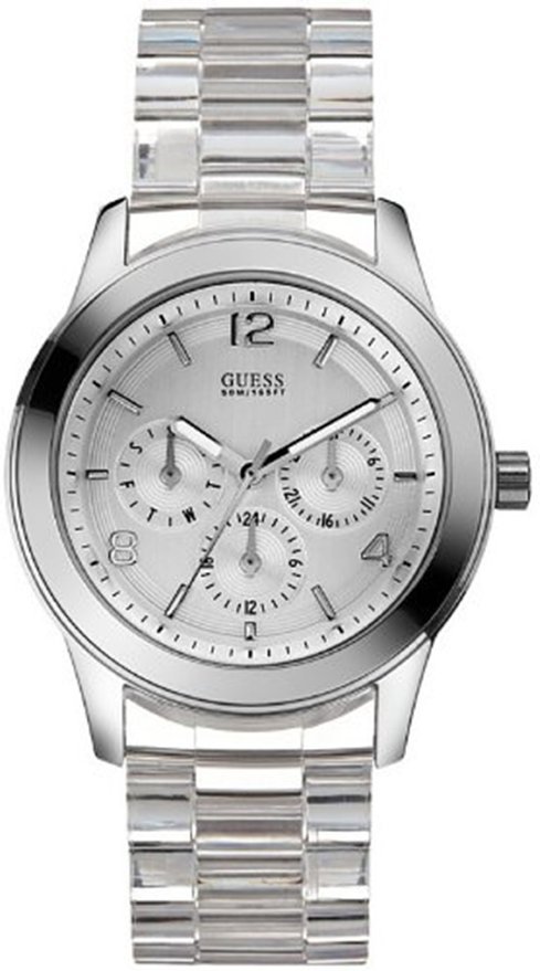 NEW GUESS SILVER TONE,PLASTIC RESIN BAND,MULTI FUNCTIONAL WATCH U11644L4