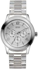NEW GUESS SILVER TONE,PLASTIC RESIN BAND,MULTI FUNCTIONAL WATCH U11644L4