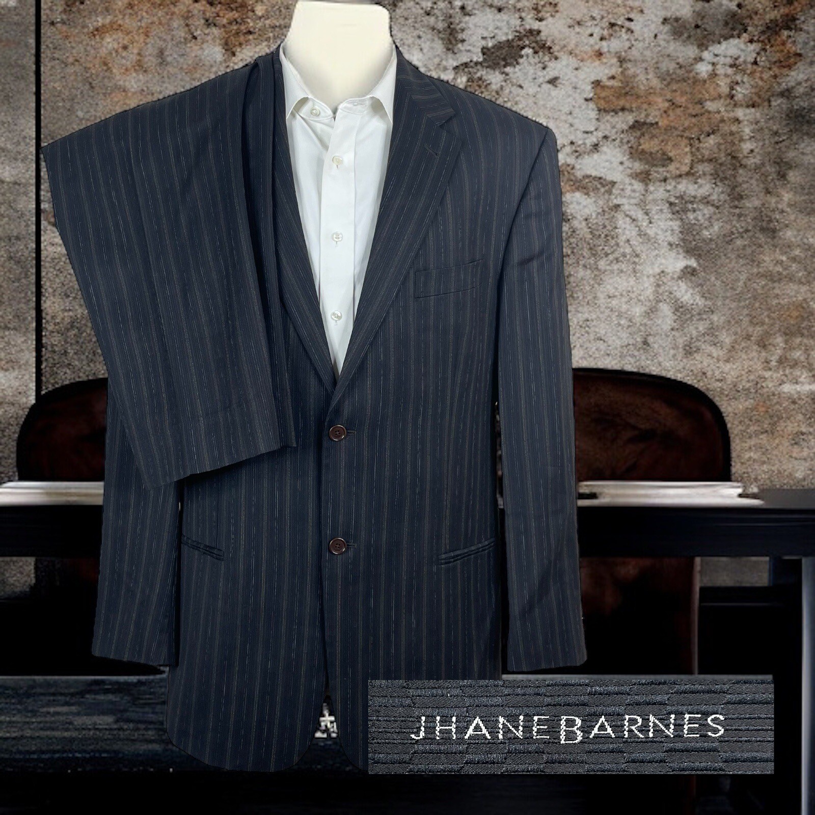 Jhane Barnes 2 PIece Suit Mens 44L 36x29 Black Brown Stripe Wool Italy Made