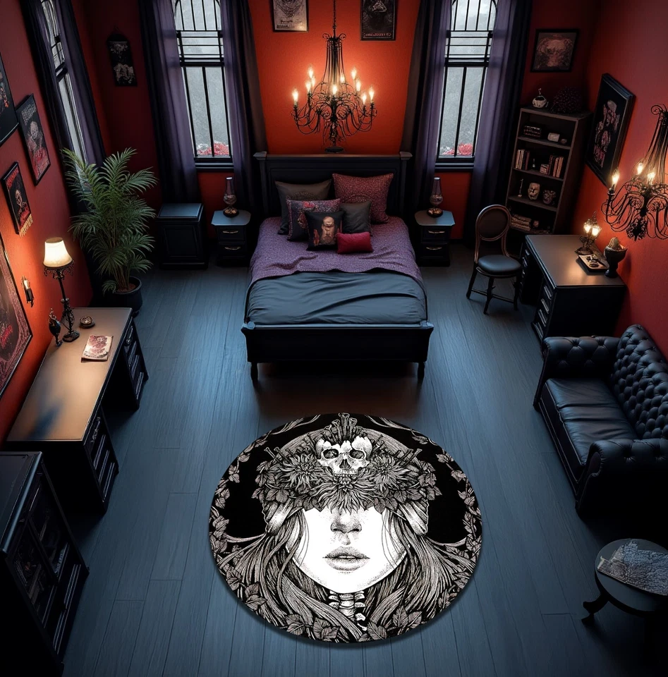 Tapete redondo gótico preto e branco caveira tapete assustador horror decoração Halloween - Imagem 2 de 3