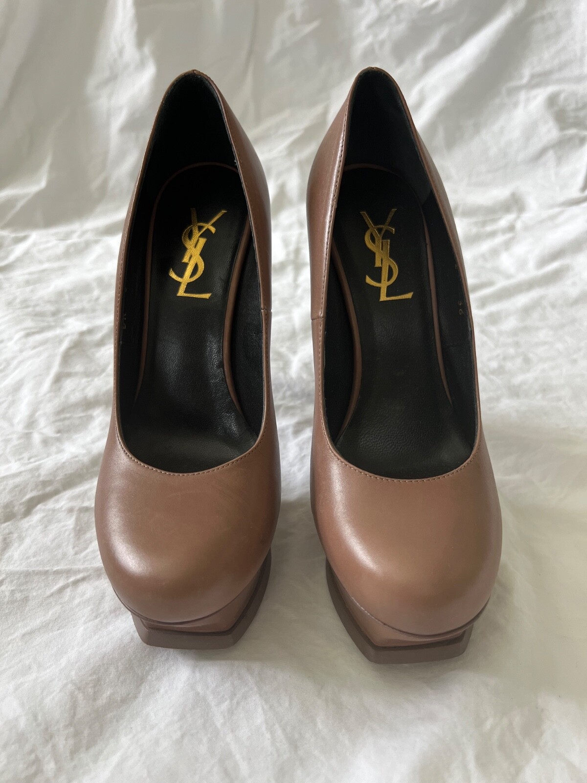 YSL Yves Saint Laurent Tribtoo Cognac Marrone Marrone Marrone Tacchi Pelle Pompa Taglia 36