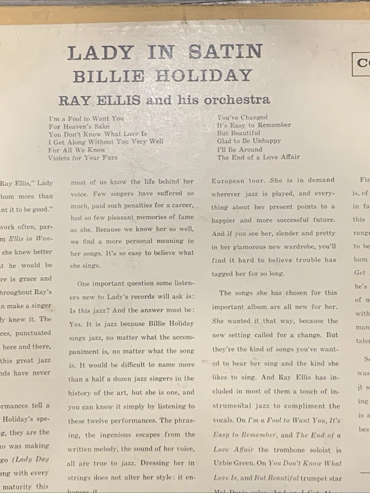 Billie Holiday Lady In Satin Columbia CL1157 Mono 1958 6-Eye VG/VG- LP - Image 2 of 4