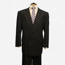 Chiarelli Double Breasted Suit 46R Charcoal Chalk Line Flannel Wool Italy Peak