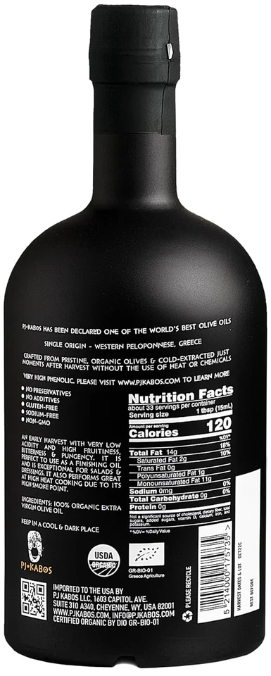 P.J. KABOS 2025 Ganador del Premio de Oro, Muy Alto Fenólico (750+ Mg/Kg), Orgánico USDA Foto 3 de 4