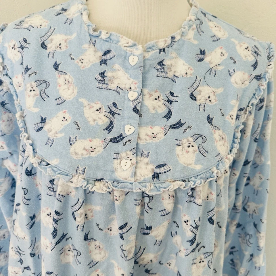 Lanz Of Salzburg Flannel Midi Nightgown Womens Medium Blue Kitten Cat Print - Image 3 of 4