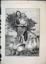 Original Old Antique Print 1884 Woman Child Geese Country Scene 19th