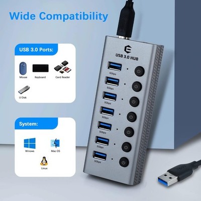 USB 3.0 Hub 7 Port Splitter Ultradünn Adapter & Stromkabel für PC Mac UK Stecker