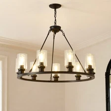 34" Pendant 9 Light Wagon Wheel Black Chandelier Living Dining Farmhouse Fixture