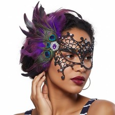 Purple Masquerade Mask Women Mardi Gras Feather Halloween Decor