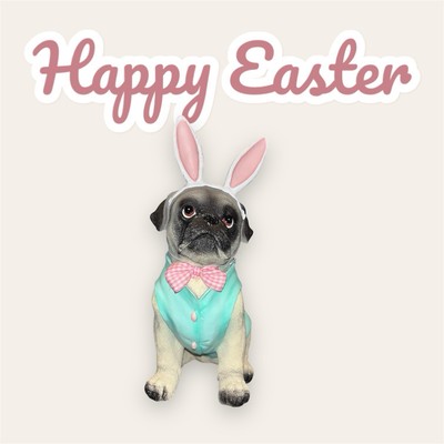 PUG Dog Easter Bunny Ears Vest  Pink Check Bowtie Resin Figure Decor 10.5  NWT