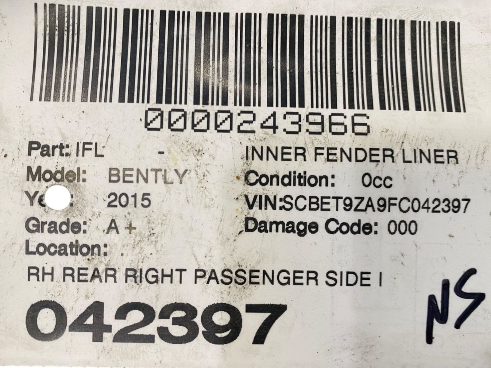 2013-2019 BENTLEY FLYING SPUR 4W 223B OEM RH REAR RIGHT SIDE INNER FENDER LINER