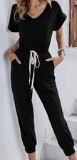 Black Short Sleeve Drawstring Waist Jumpsuit with Pockets for Women XL