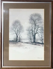 Vintage European Ink And Wash Original Drawing Landscape Winter Scene Signed 