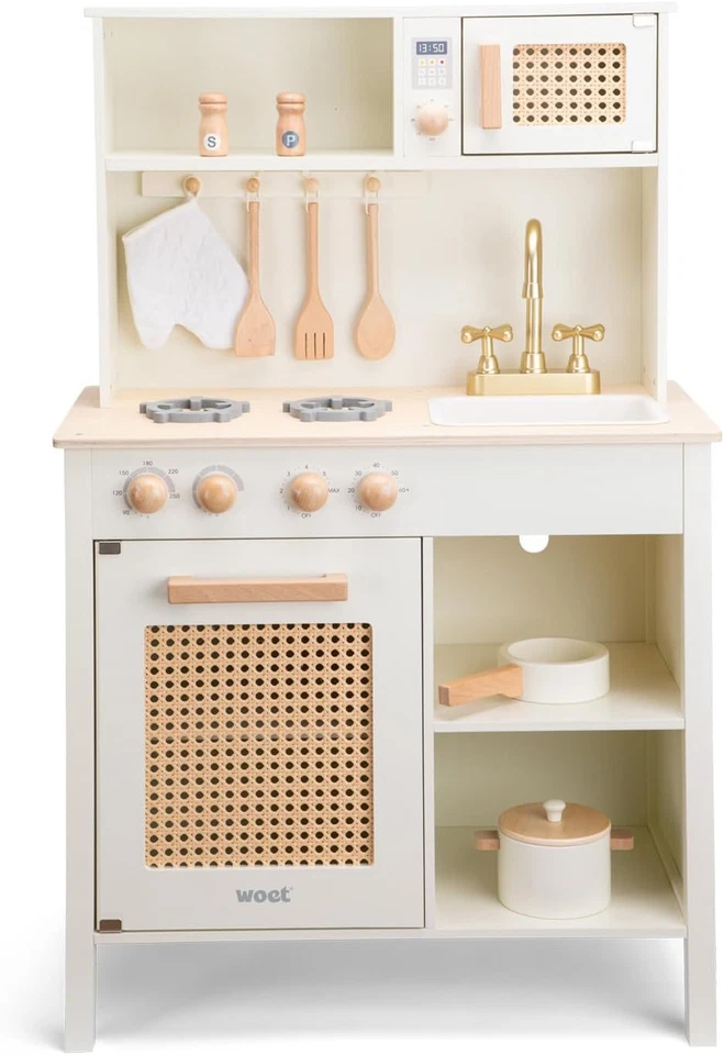 - Cucina Giocattolo in Legno Bianco Con Dettagli in Rattan E Rubinetto Dorato – - Immagine 2 di 4