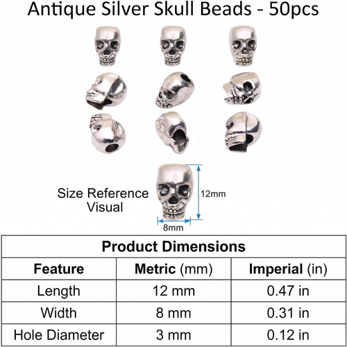 50PCS Antique Silver Skull Beads, Alloy Skeleton Charms for Paracord - Afbeelding 2 van 5