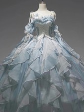 Light Blue Ruffled Layered Ball Gown Off Shoulder Lace Tulle Party Dress