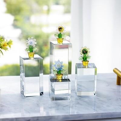 Set of 4 Clear Glass Display Blocks, Transparent Solid Square Glass Risers fo...